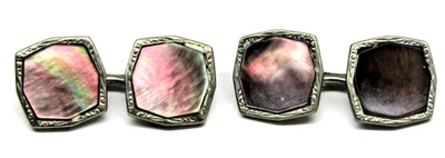 Vintage Double Sided Cufflinks Dark Abalone Octagon Etched Men's Formal Wear - Image 1 of 3