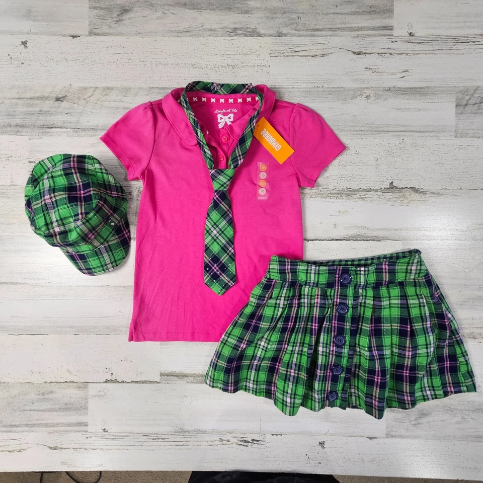 GYMBOREE /JUSTICE 10 Polo Rosa, Skort Xadrez Verde, Chapéu, Gravata NOVO - Imagem 1 de 4