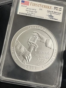 2015-P SARATOGA NP ATB 5 Oz. SILVER PCGS SP70 John Mercanti First Strike FS #8 - Picture 1 of 8