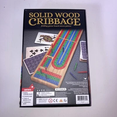 Cribbage Board Set Wooden 3-Track Color Coded Folding  with Pegs and Cards - Image 1 of 2