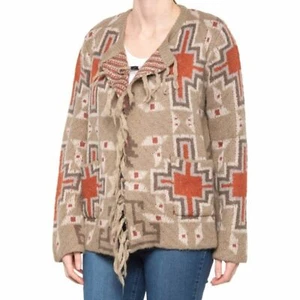 MISS ME Vintage Aztec Southwest Tan Fringe Open Cardigan Sweater Women's M NEW - Picture 1 of 7