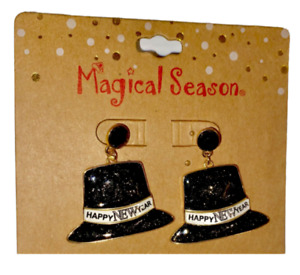 Happy New Year Earrings Top Hat Black Gold White Dangle Holiday