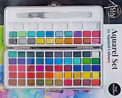 CREATIVE ARTIST Aquarellfarben Set in Dose 70 Farben Wassertankpinsel Aquarell & Metallic Farben