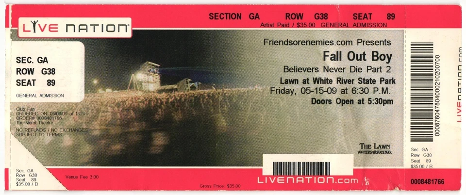 2009 Fall Out Boy All Time Low Full Complete Concert Ticket Stub Indianapolis IN - Image 1 of 1