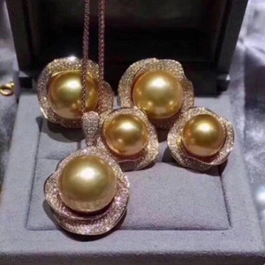 Precioso AAAA 12-13mm Mar del Sur Oro Perla Colgante Pendientes Conjunto - Imagen 1 de 3