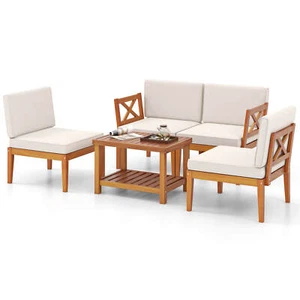 5 PCS Acacia Wood Patio Furniture Set w/ Cushions and 2-Tier Coffee Table - Picture 1 of 9
