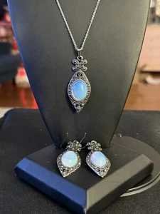 Opalite Blue Dangle Pierced Earrings & Large Opalite Pendant with silvertone - Picture 1 of 6