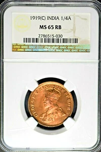 India British 1919(C) 1/4 Anna NGC MS65RB Certified - Picture 1 of 3