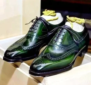 Buy New Men's Premium Green Color Leather Oxford Wingtip Lace Up Dress Shoes - Picture 1 of 16