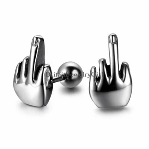 Punk 2pcs Men Women Middle Finger Ear Stud Earrings Stainless Steel Pierced - Picture 1 of 4