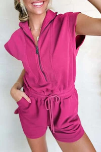Rose Red Textured Short Sleeve Half Zip Drawstring Waist Romper - Picture 1 of 8