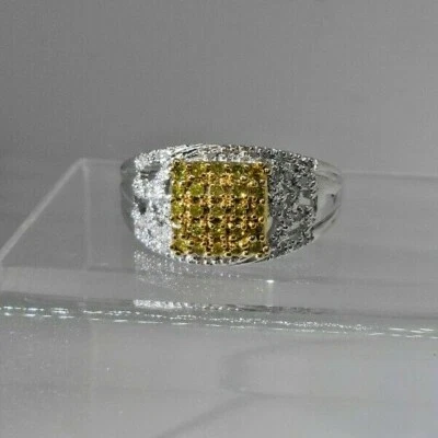 Pave 55 Diamond Filigree Ring Green White 1 Carat 2Tone Sterling Silver Gold S11 - Image 1 of 4