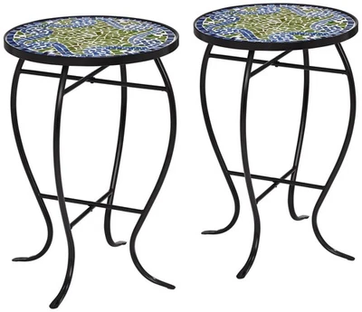 Black Outdoor Accent Tables 14" Wide Set of 2 Blue Wave Mosaic for Porch - Image 1 of 4