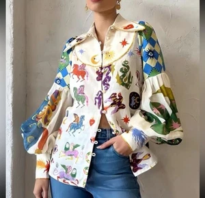 Women’s Magical Graphic Puff Sleeve Lapel Top Witchy Large Indie Sleeze - Picture 1 of 11