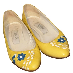 Vintage Bally zehenfrei geschnitten niedrig 1" Absatz gelb weiß marineblau Leder Pumps Damengröße 6 B - Bild 1 von 8