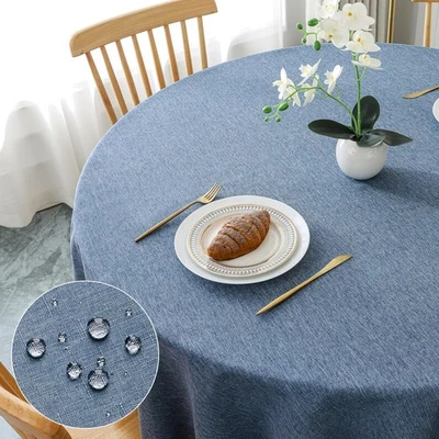 Tischdecke rund 140cm Blau Wasserabweisend Kratzfest Leinenoptik - Bild 1 von 2