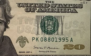 BIRTHDAY August 8, 1995 Serial Number 2017A $20 Twenty Dollar Bill PK08801995A - Picture 1 of 3