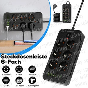 Regleta de enchufes 2500W 6 velocidades 3 USB 3TIPO-C enchufe múltiple con enchufe plano 2m - Imagen 1 de 15