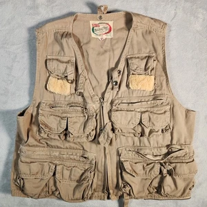 WORLD FAMOUS Fly Fishing Vest Mens Medium Tan Sanforized Utility Cargo Vintage - Picture 1 of 12