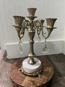 Vintage Candelabra Metal Marble Base Hanging Crystals 5 Candle Made in Italy - Imagen 1 de 11