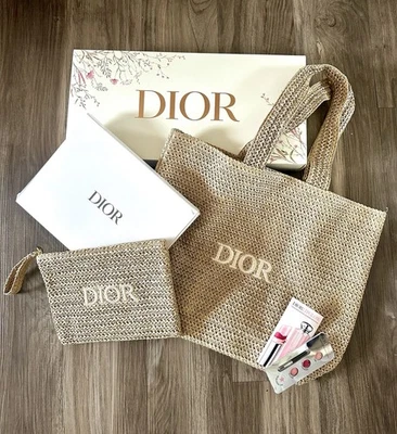 Dior NEW w Boxes 3 Piece Raffia Beige Woven Tote Bag & Zip Pouch GWP Embroidered - Image 1 of 4