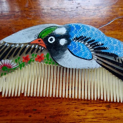 vintage mid century Japanese blue gird painted celluloid hair comb -371 - image 1 of 3