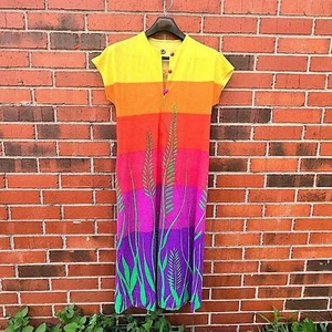 Vintage 70s Rainbow Sunset Caftan Dress w/ Tropical Grass Print – M/L Boho - Picture 1 of 7