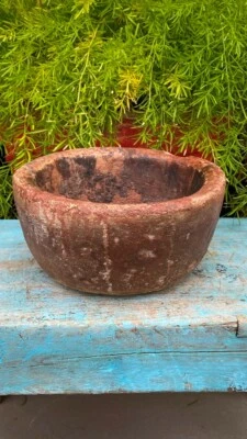 Antiguo cuenco de incienso floral de loto tallado a mano de arenisca roja de 7,5 x 7,5"" años 1700 Foto 1 de 4