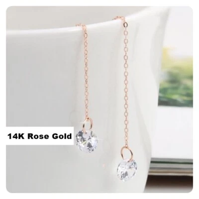 Pendientes de oro rosa de 14K cúbicos básicos largos enhebrado colgantes JNK hechos en COREA Foto 1 de 4