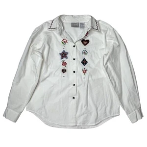 Napa Valley Womens Petite White Button Up Shirt Floral Top Long Sleeve Flowers - Picture 1 of 8
