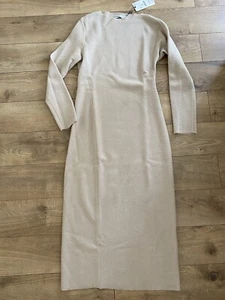 NEW ZARA BOUCLE 100% WOOL LONG BEIGE DRESS SIZE M - Picture 1 of 10
