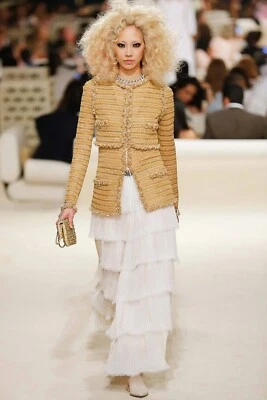 香奈儿 15C 巴黎迪拜蓝色金色珍珠饰 CC 珠宝纽扣背心夹克,34 — 第 1/4 张图片