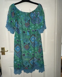 Kalypso7 Australia Printed Beach Dress Kaftan Cover Up Green Blue Lace Size S - Picture 1 of 8