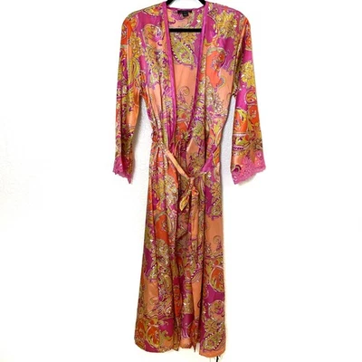 Jones New York Paisley Satén Bata Larga S/M Corbata Cinturón Coqueta Lencería Salón Foto 1 de 4