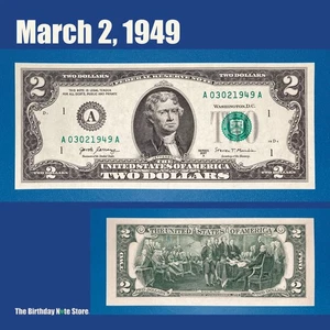 March 2, 1949 Birthday Anniversary $2 Two Dollar Bill Serial Number 03021949 - Picture 1 of 2