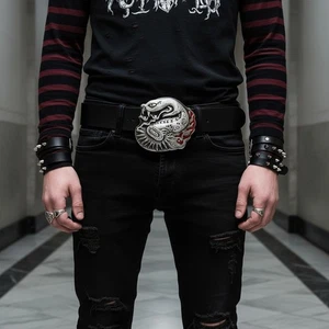 Nuevo Hombres Mujeres Hebilla de Cinturón de Metal Plateado Sonajero Grande Animal Salvaje Serpiente Declaración - Imagen 1 de 13