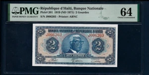 Haiti 2 GOURDES P-201 1919 Dr. DUVALIER Haitian UNC PMG 64 ABNC Currency NOTE - Picture 1 of 5