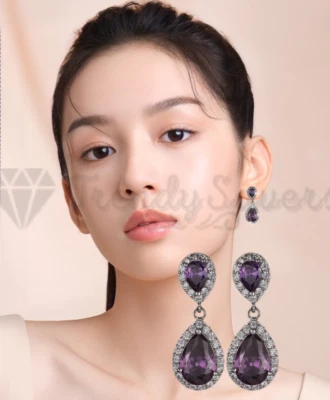 Classic Purple Crystal Dangle Drop Cubic Zirconia Teardrop ScrewBack Earrings UK - Image 1 of 4