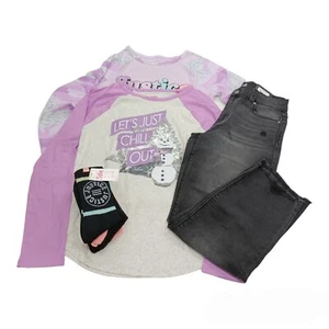 Girls Lot-16-Jordache Black High Rise Ankle Jeans-2 Justice T-Shirts-4 Pr Socks - Picture 1 of 12