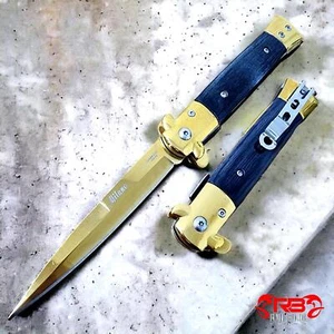 9" Tactical Gold Wood Spring Assisted Open Plain Blade Folding Pocket Knife - Picture 1 of 4
