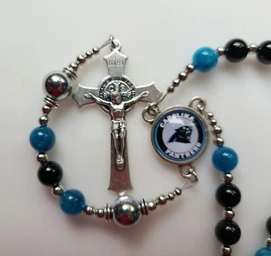 Collana Rosario Carolina Panthers Quarzo Blu Onice Nera e Gemme Argento - Foto 1 di 12