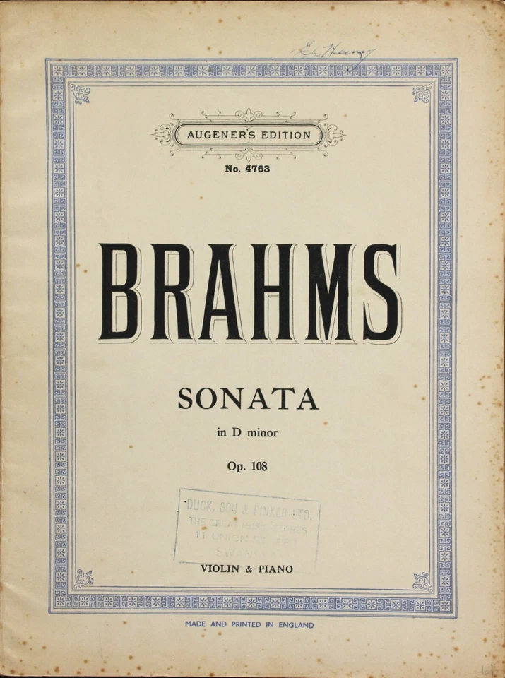 Brahms sonata in D Minor Opus 108 for violin and piano, - Image 1 of 1