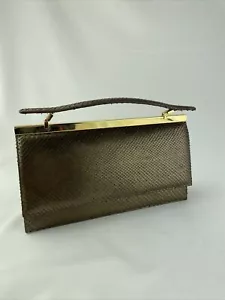 Vintage Judith Leiber Metallic Olive Brown Lizard Leather Bag Clutch - Picture 1 of 8