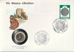 MDS NUMISBRIEF GEBRALTAR 1989 AMÉRICA. MONUMENTO A LA GUERRA CON CINCO 5 PENIQUES 1990 - Imagen 1 de 2