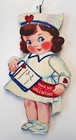 NURSE w CHART - TEMP HIGH - PULSE FAST *  Glitter VALENTINE ORNAMENT Vtg Img