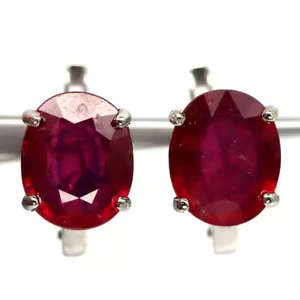 Heated 9 x 11 MM. Red Ruby Earrings 925 Sterling Silver White Gold Plated - Picture 1 of 4