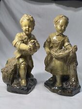 Borghese Chalkware Boy And Girl Sculptures Vintage 1940's- 1950's USA Signed 
