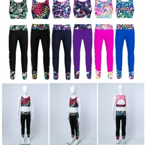 Kids Girls Racer Back Tanks Crop Top Leggings Outfits Yoga Gymnastics Dancewear - Picture 1 of 46