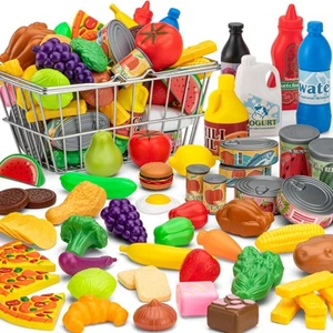 55 Pcs Grocery Store Pretend Play Food Set with Shopping Basket for Kids Todd... - Picture 1 of 7