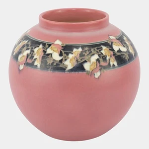 Jarrón de cerámica bulbosa Rookwood 1915 Art Deco rosa negro banda floral 112 Hurley - Imagen 1 de 7